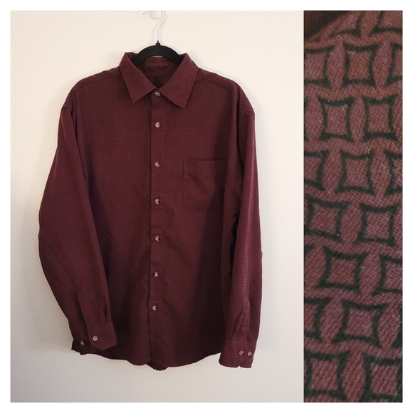 Burgundy Geometric Print Velour Button Down Shirt - Picture 1 of 6